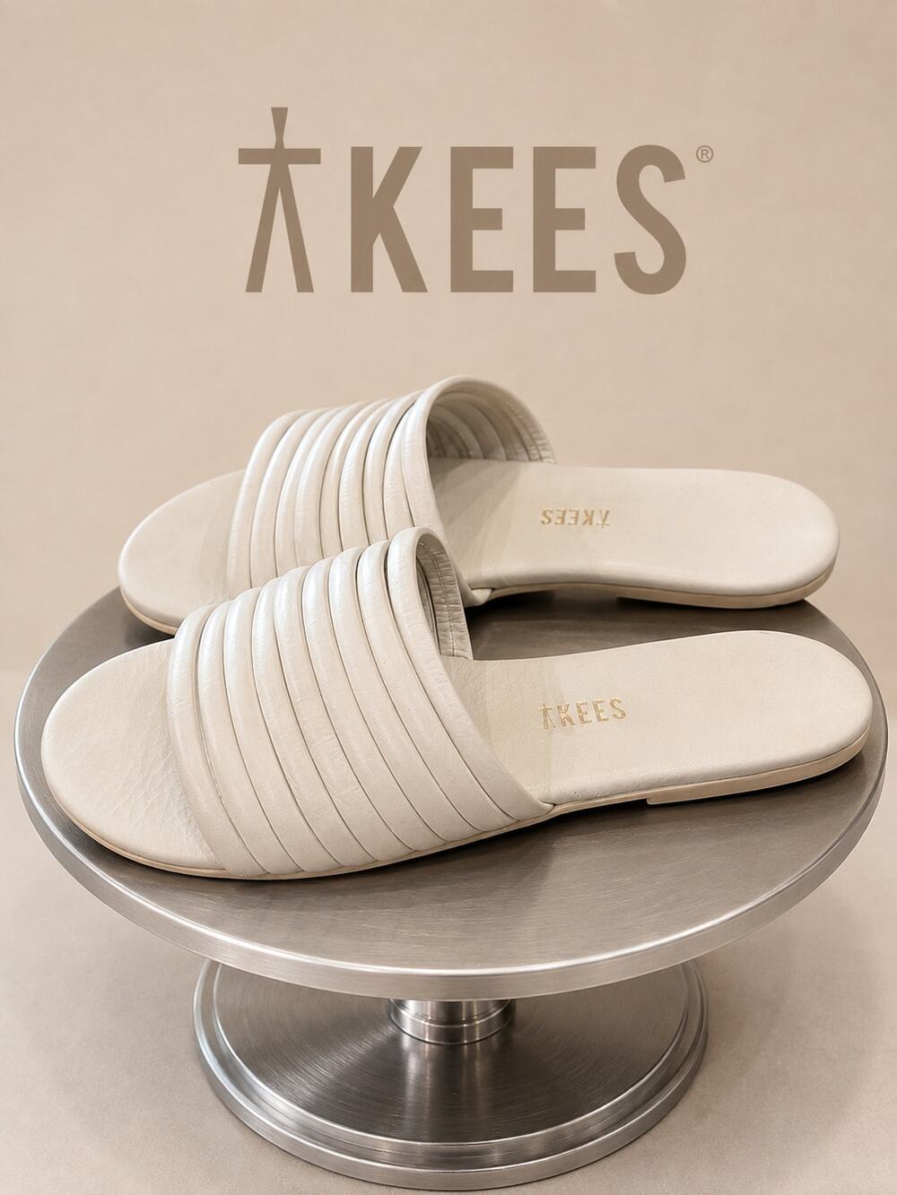 TKEES Senna Cream Leather Strappy Slide Sandals Women 7 EU 38
